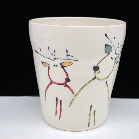 Hand Painted White Ceramic Utensils Pot Container Whimsical Reindeer Signed - Picture 1 of 6